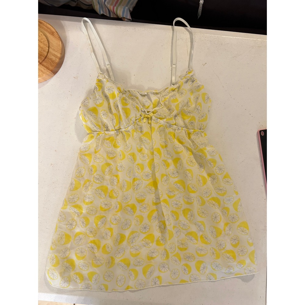 Lemon Print Sheer Babydoll Camisole Top Yellow White Ruffle Bow MEDIUM - Picture 8 of 8
